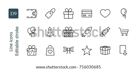 A set of gifts, vector line icons. Contains symbols gift cards, ribbons and more. Editable Stroke. 32x32 pixel.