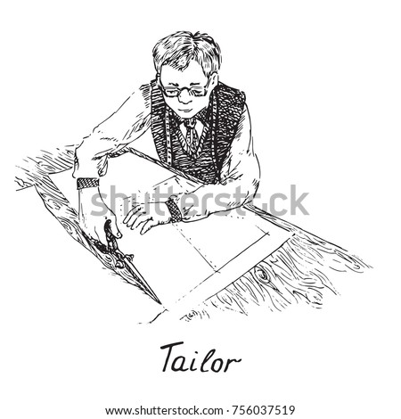 Tailor in glasses at work cutting on table coat pattern, hand drawn doodle sketch, black and white vector illustration