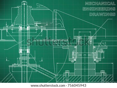 Mechanical engineering. Technical illustration. Backgrounds of engineering subjects. Technical design. Instrument making. Light green background. Grid