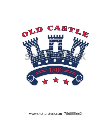 Old castle with towers of brick walls and ribbon.Banner,sign or logo,brand identity for restaurant,boutique,cafe,hotel,salon.