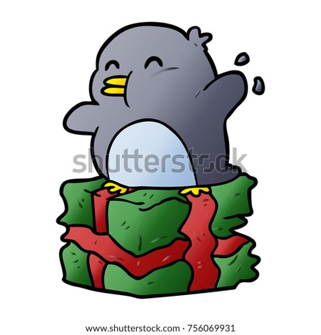 cartoon penguin on wrapped present
