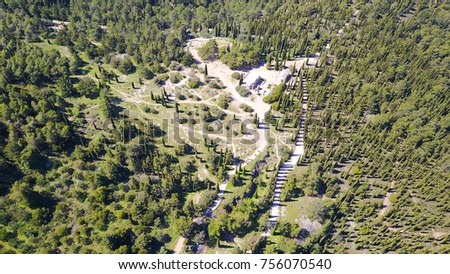 Aerial drone bird's view of famous Hymmetus mountain and Kessariani monastery, Athens, Attica, Greece