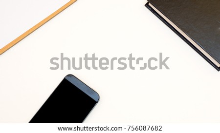 top view smart phone with paperboard white background