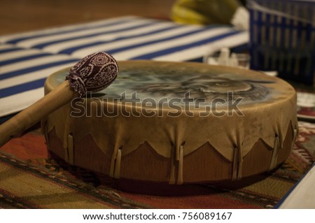 Shamanic drum used in special ceremonies such as the ceremony with the use of Ayahuasca. Royalty-Free Stock Photo #756089167