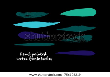 Graffiti Lines. Hand Painted Blue Buttons, Turquoise Highlights. Vector Brushstrokes or Banners. Textured Doodles or Smears. Background Turquoise Swatch Collection. Vintage Logo Scribble Paint Element