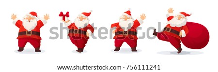 Set of cartoon Christmas illustrations isolated on white. Funny happy Santa Claus character with gift, bag with presents, waving and greeting. For Christmas cards, banners, tags and labels. Royalty-Free Stock Photo #756111241