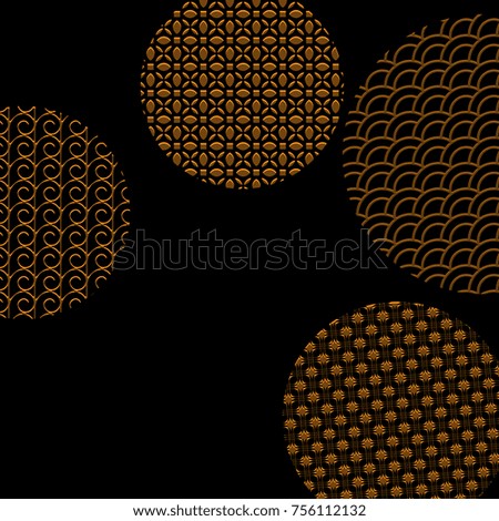 Golden circles with different geometric patterns on black with clipping mask. Gold abstract shapes. Asian style ornaments. Graphic design for cover,poster, card, template
