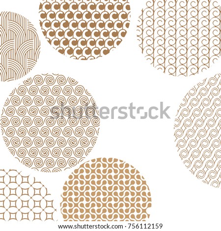 Round geometric golden different patterns on white with clipping mask. Gold abstract shapes. Asian style ornaments. Graphic design for cover,poster, card, template