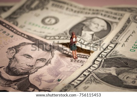 Woman searching for savings or dollars. Bargain seeking or looking for money. Miniature person with magnifying glass looks for higher earnings or lucrative business venture. Idea of how to find money