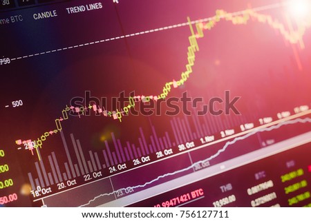 Data analyzing in exchange stock market: the candle chars on display. Analytics price change cryptocurrency BTC. Royalty-Free Stock Photo #756127711