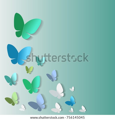 Abstract background of paper cut flying butterflies on a green. Vector illustration EPS 10