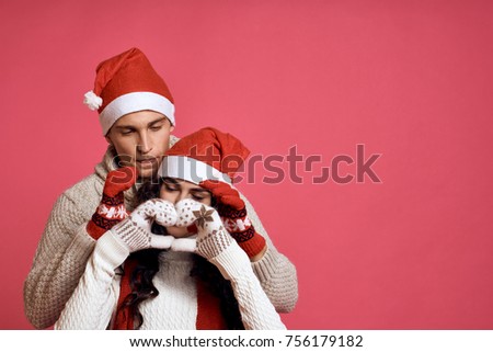 happy young couple in Christmas hats, love story, holiday, party,  Christmas                          