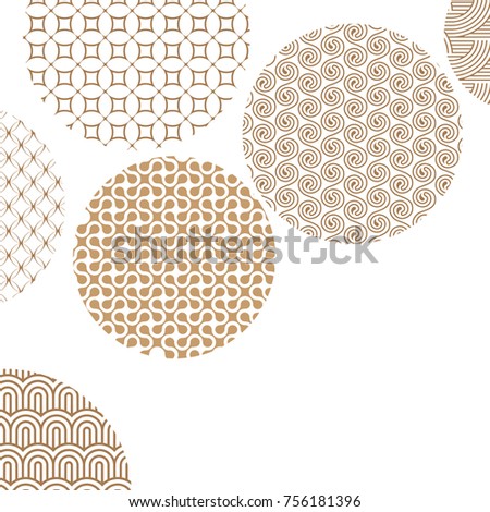 Golden circles with different geometric patterns on white with clipping mask. Gold abstract shapes. Asian style ornaments. Graphic design for cover,poster, card, template