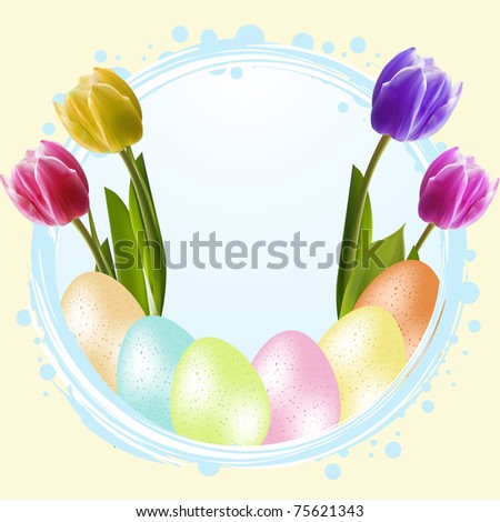 Speckled easter eggs and tulips inside a blue border