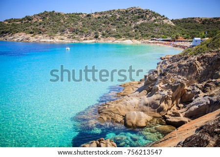 Beautiful Summer Seascape, summertime travel vacation, turquoise sea water and rocky coast in Greece