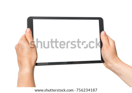 Tablet with blank white screen in female hands - isolated on white background