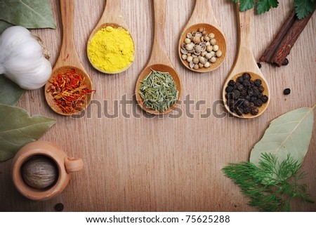 Mix of spices in wooden spoons