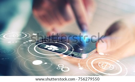 Hand touch screen smart phone, icons interface on screen, Social media concept  Royalty-Free Stock Photo #756279550