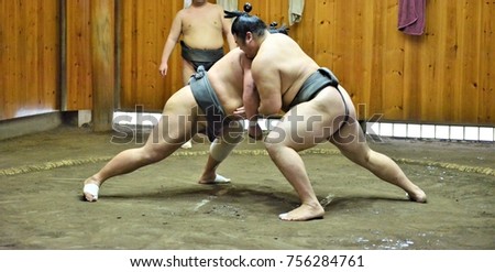 Sumo fighters and sumo wrestlers training in sumo stables preparing for the sumo tournament in Tokyo, Japan