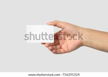 Mockup of female hand holding a Business Card isolated on light grey background. Rounded corner, size 85 × 55 mm.