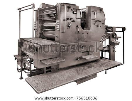 Old printing press isolated on white- rotary machine - polygraphic equipment, clipping path included