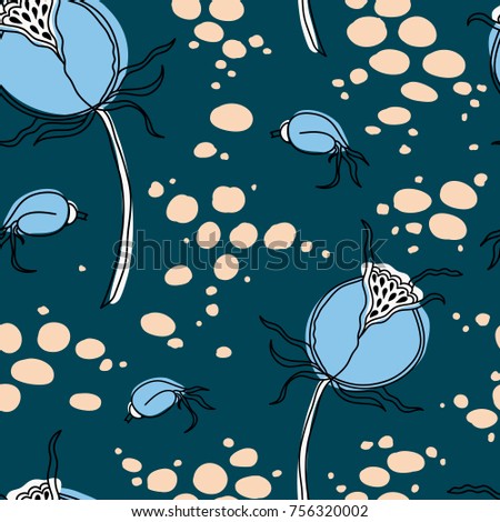 Seamless floral pattern in the Scandinavian style. Dog-rose fruit.