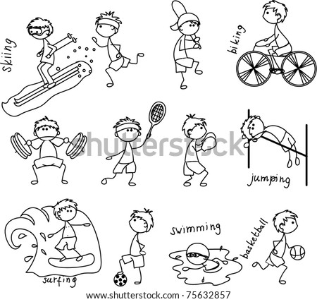 cartoon sport icon, black and white coloring