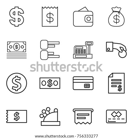 Thin line icon set : dollar, receipt, wallet, money bag, diagram, cashbox, hand coin, credit card, account balance, atm