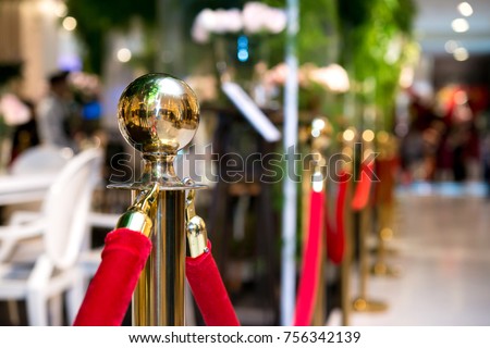 Golden stanchions with a red rope. Barrier, enclosed VIP area, protected enterance, private event, luxury gala concept. Royalty-Free Stock Photo #756342139