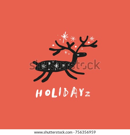 Vector, clip art, hand drawn. Red, funny, cute character, holiday, stylized deer, Christmas and New Year. Book illustration, print for cards, posters, patterns, t-shirts and more. Isolated objects.