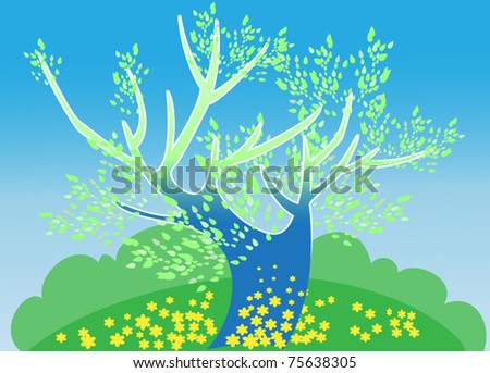 Spring landscape with a tree, covered with the first leaves, and  a field of daffodils.