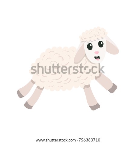 Vector flat cartoon style cute sheep jumping forward. Christmas symbol. Isolated on white background