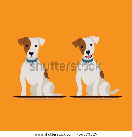 Cute flat vector small dog character design on Jack Russell terrier sitting with closed and open mouth, wearing blue collar. Ideal for pets themed graphic and wed design