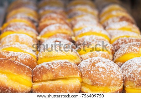 Portuguese traditional pastries. Buns with custard.
