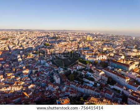 Aerial panoramic birds eye view of the old town of Lisbon, Portugal. Amazing panorama scene with São Jorge Castle