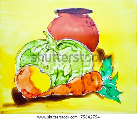 Carrots, pumpkin, apple and jug are drawn on glass by translucent paints. Handmade picture for a kitchen ornament