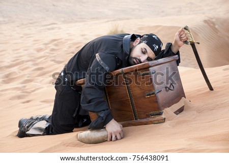 pirate with a treasure in a desert