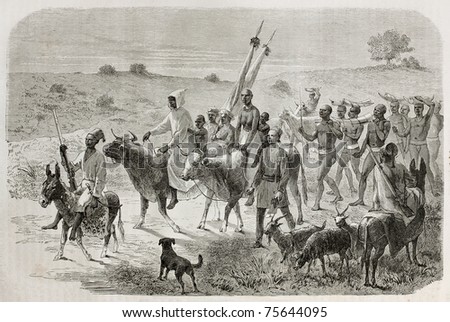 Old illustration of Elephant hunters caravan in White Nile region, Sudan. Created by Bayard,  published on Le Tour du Monde, Paris, 1864