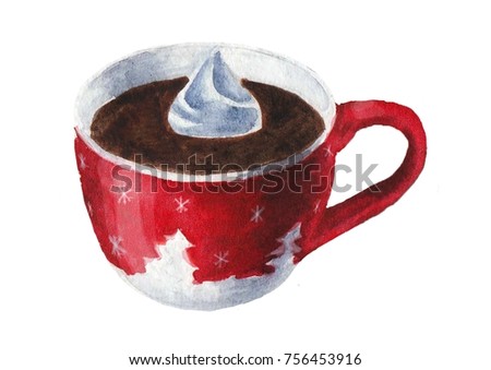 Watercolor Christmas cup with coffee / hot chocolate