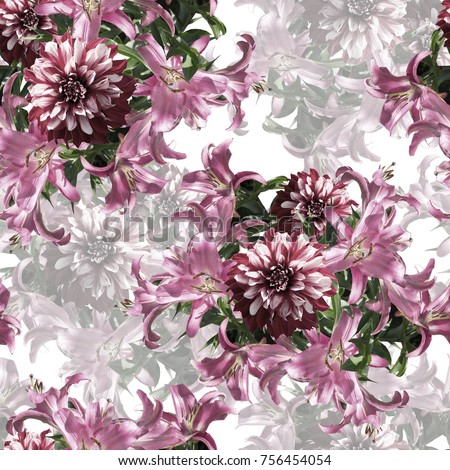 Nature flowers and leaves seamless pattern background .Realistic photo collage - clip art. Layer effect . Lily and dahlia . Vintage style Royalty-Free Stock Photo #756454054