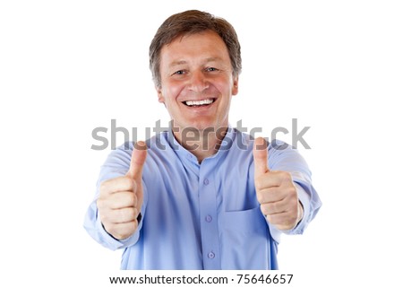 Older, aged, Senior smiles happy and shows both thumbs up. Isolated on white background.