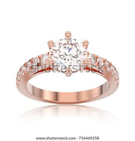3D illustration isolated rose gold solitaire engagement diamond ring with reflection on a white background