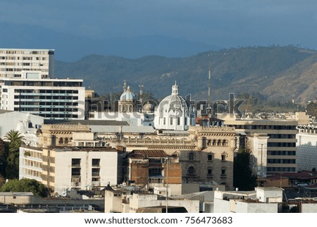 GUATEMALA CITY - January 30, 2012. Panoramic view of Guatemala City, modern and conservative architectural contrast, Central America, Latin American city in development, seismic city, mountainous land
