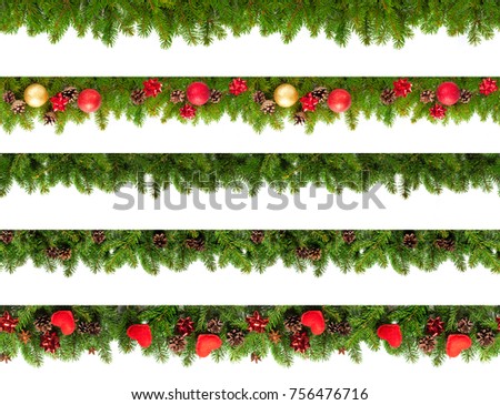 Set of Christmas tree branches on white background as a border or template for christmas card