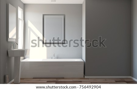 Modern bathroom with large window. 3D rendering. Empty picture.