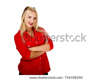 smiling girl student in red shirt with space for text on the right