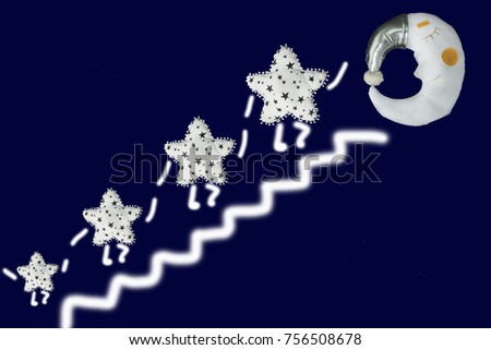 Holding hands white star go up the stairs to sleeping moon in silver bonnet on navy blue background
