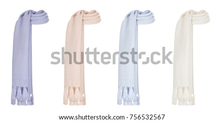A beautiful set, luxurious knitted woolen scarves, pink, white blue and purple, autumn, winter, isolated on white background, clipping