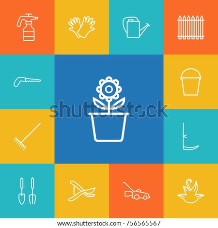 Set Of 13 Horticulture Outline Icons Set.Collection Of Scythe, Secateurs, Harrow And Other Elements.
