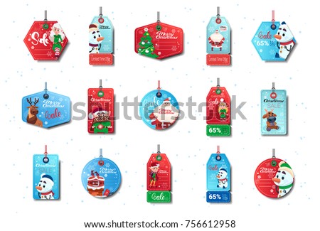 Set Of New Year Sale Tags Colorful Shopping Discounts Stickers Collection On White Background Flat Vector Illustration